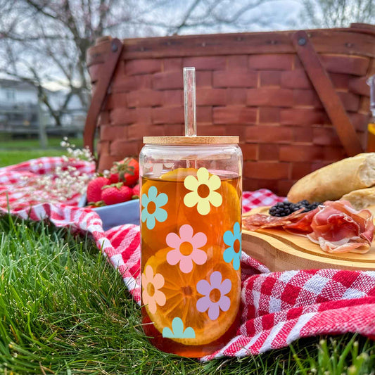 16oz Glass Tumbler - Colourful Daisy