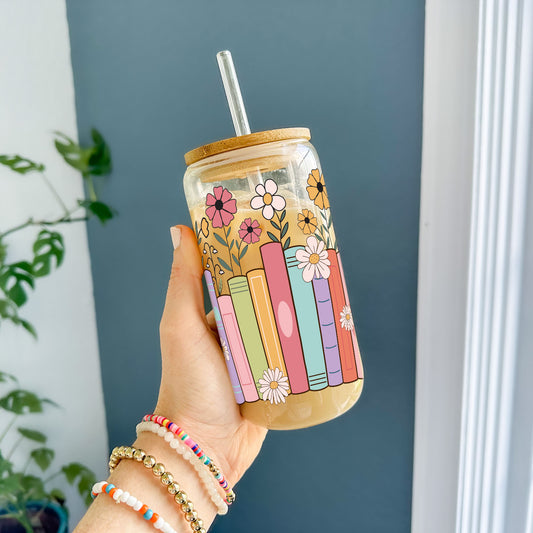 16oz Glass Tumbler - Floral Books