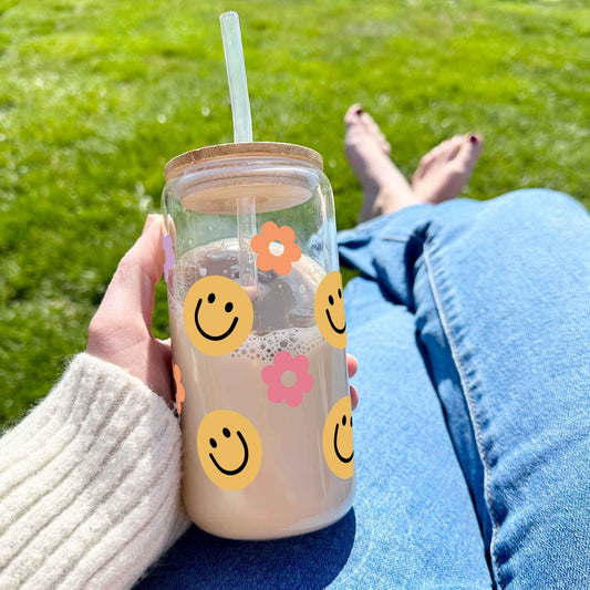 16oz Glass Tumbler - Floral Smile