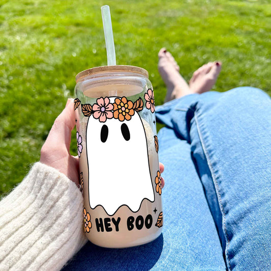16oz Glass Tumbler - Hey Boo Cute Ghost