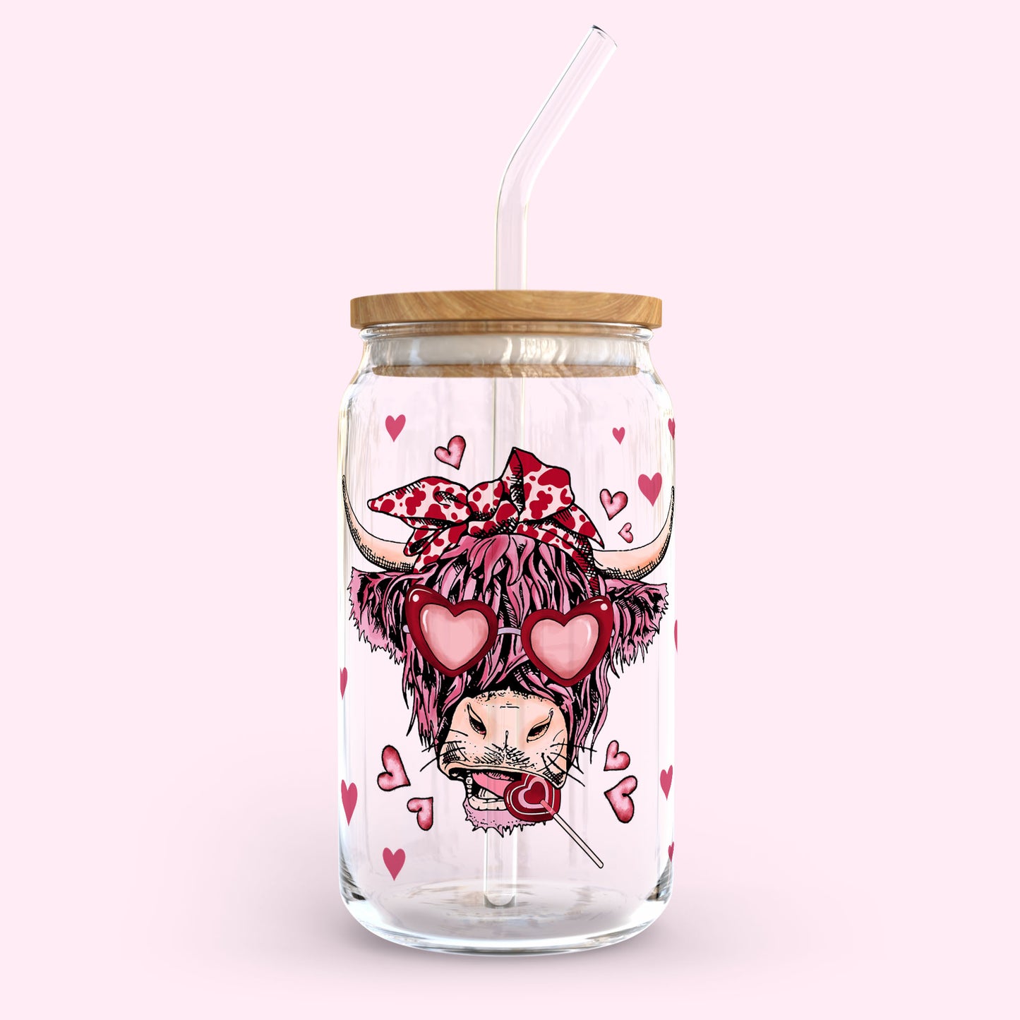 16oz Glass Tumbler - Pink Love Cow