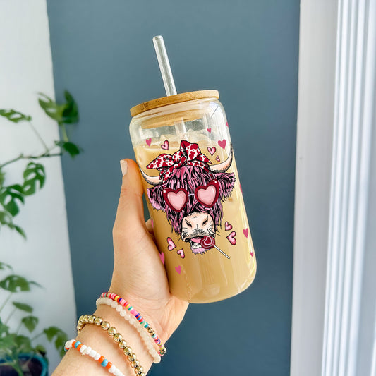 16oz Glass Tumbler - Pink Love Cow