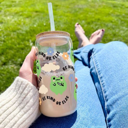 16oz Glass Tumbler - Sassy Frog: Be Kind or Else
