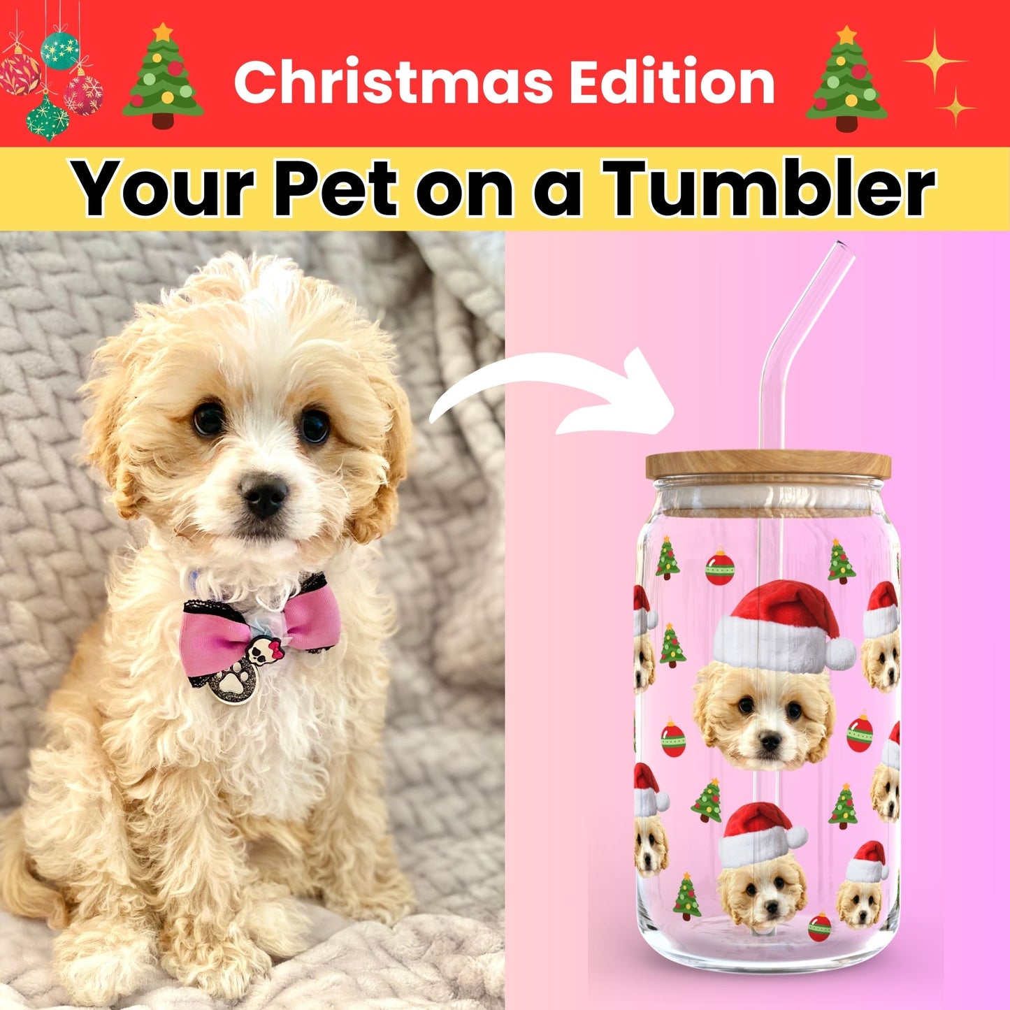 Your Pet’s Face on a Glass Tumbler - Christmas Edition
