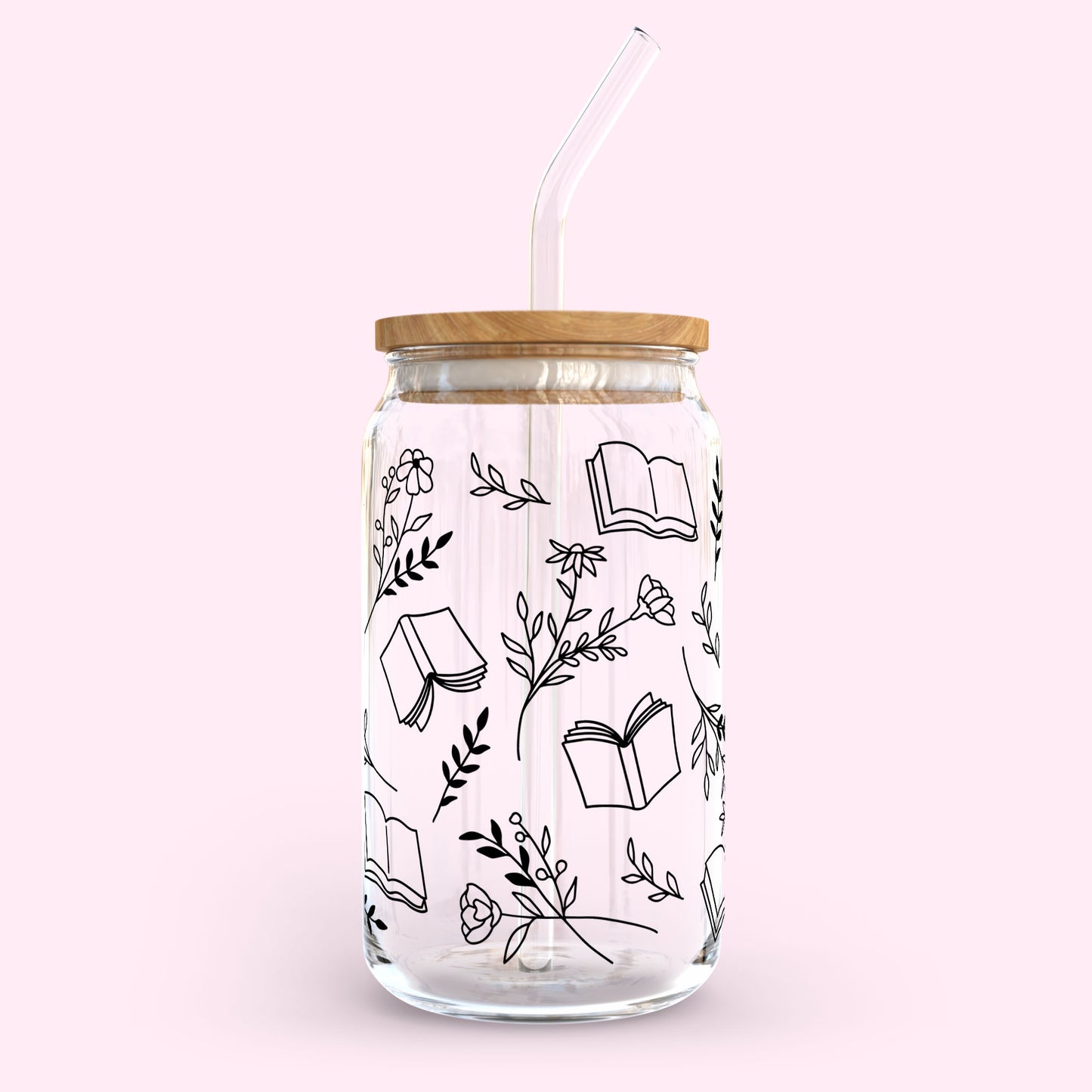 16oz Glass Tumbler - Books and Flowers