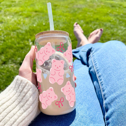 16oz Glass Tumbler - Pink Jelly Bear