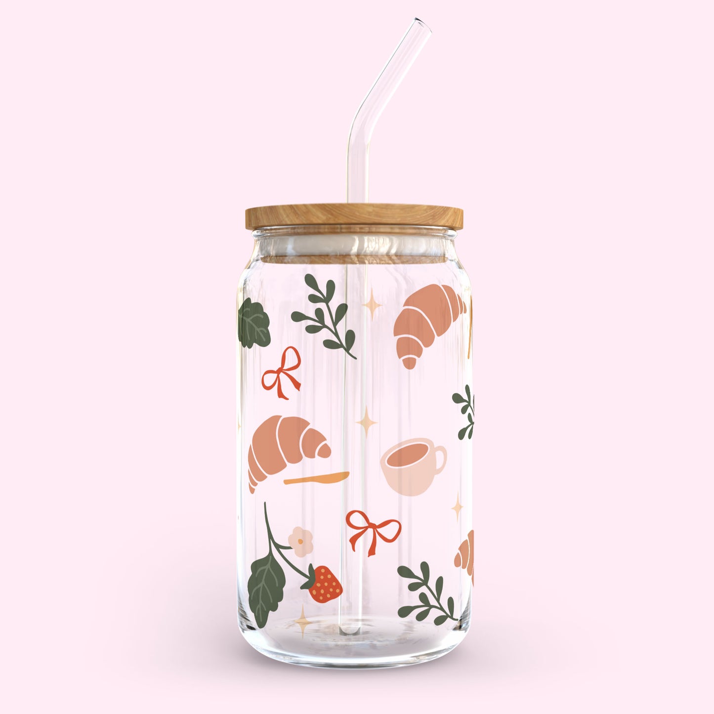 16oz Glass Tumbler - Croissant & Coffee