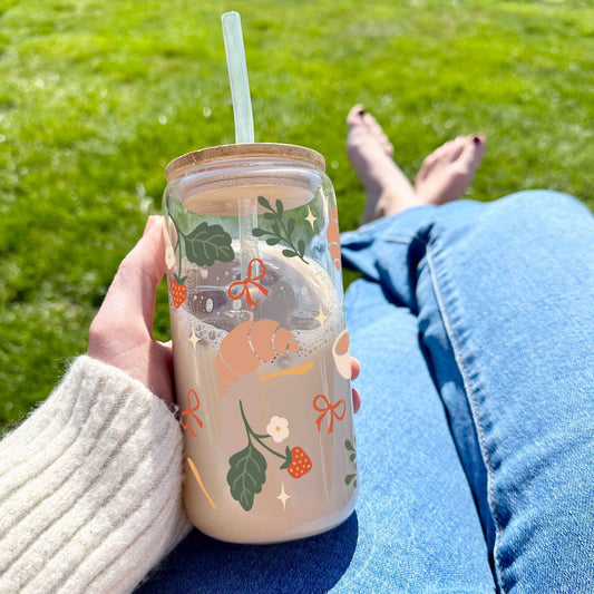 16oz Glass Tumbler - Croissant & Coffee