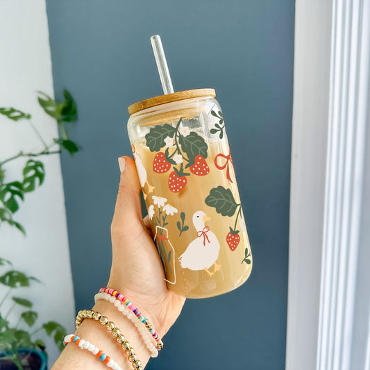 16oz Glass Tumbler - Cute Duck in Flowers