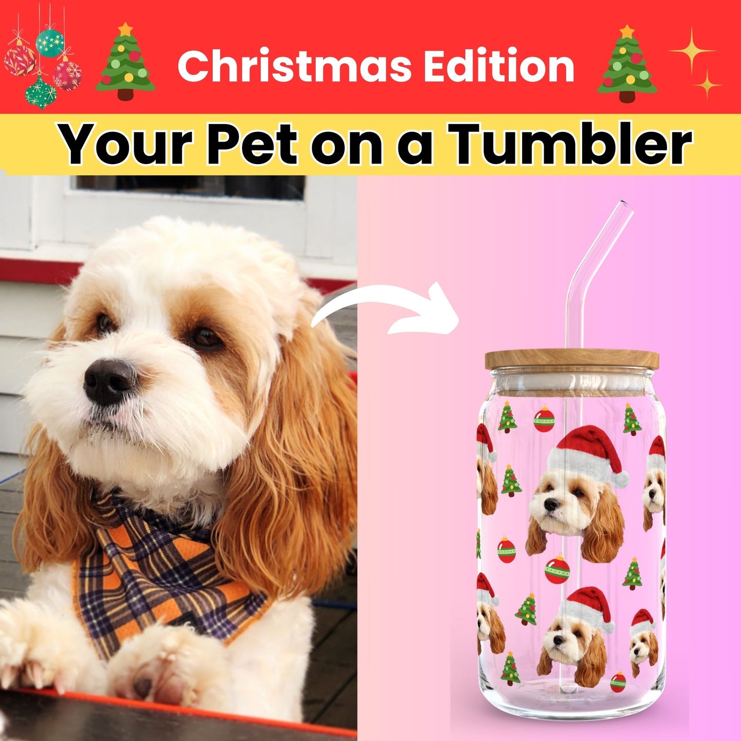 Your Pet’s Face on a Glass Tumbler - Christmas Edition