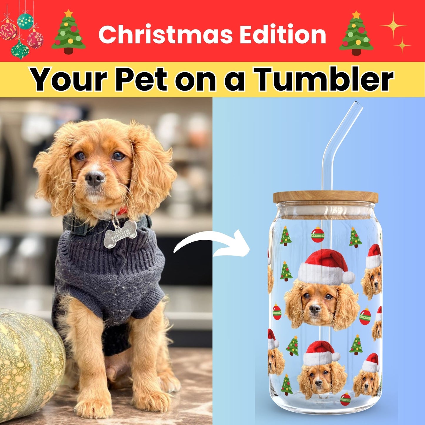 Your Pet’s Face on a Glass Tumbler - Christmas Edition