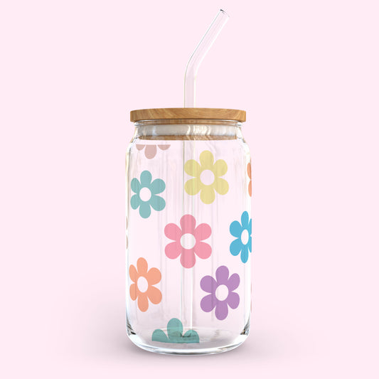 16oz Glass Tumbler - Colourful Daisy