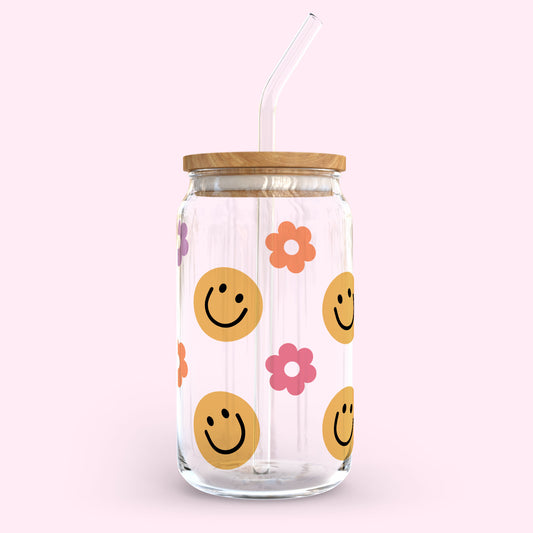16oz Glass Tumbler - Floral Smile