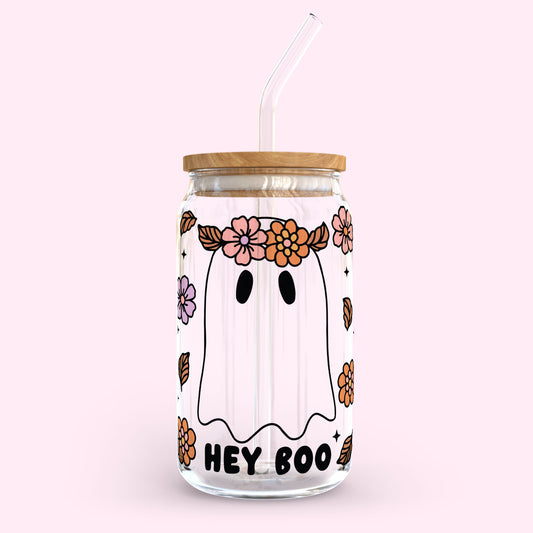 16oz Glass Tumbler - Hey Boo Cute Ghost