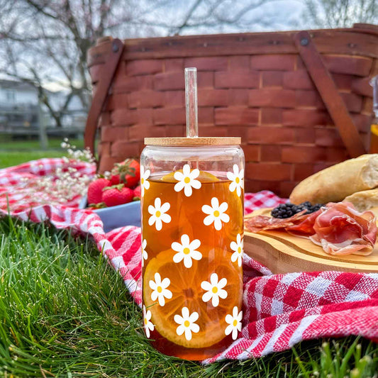 16oz Glass Tumbler - White Daisy