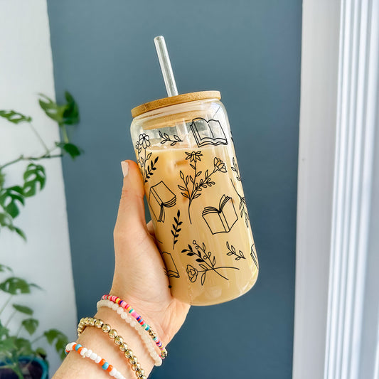 16oz Glass Tumbler - Books and Flowers