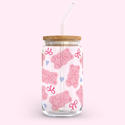 16oz Glass Tumbler - Pink Jelly Bear