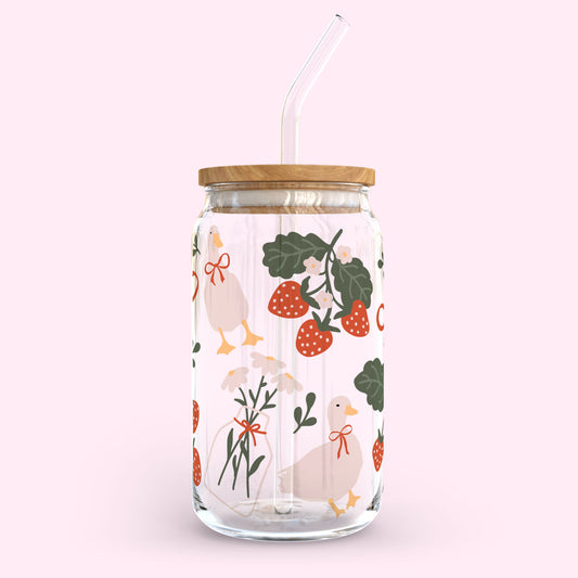 16oz Glass Tumbler - Cute Duck in Flowers