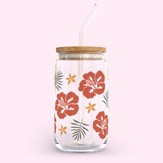 16oz Glass Tumbler - Tropical Hibiscus
